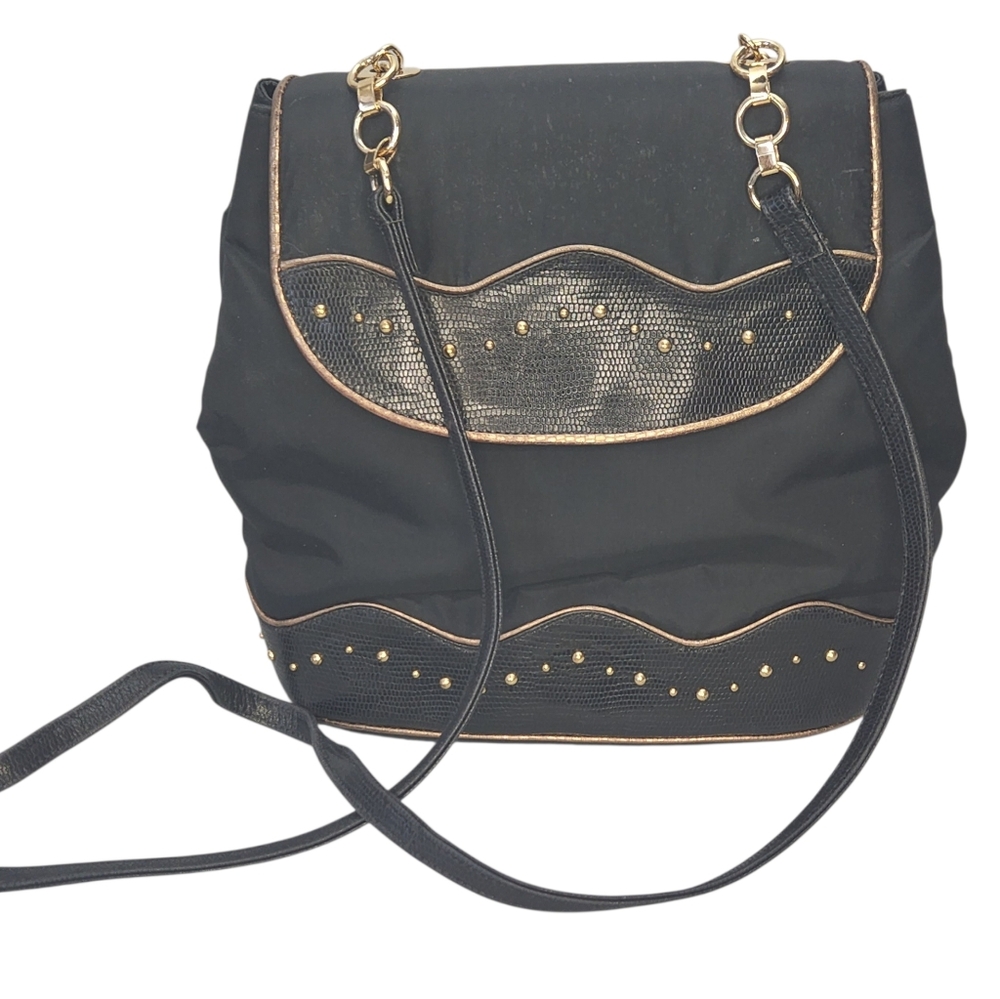 Vintage Jay Herbert New York Black Nylon Shoulder Bag Studded Faux Leather Trim